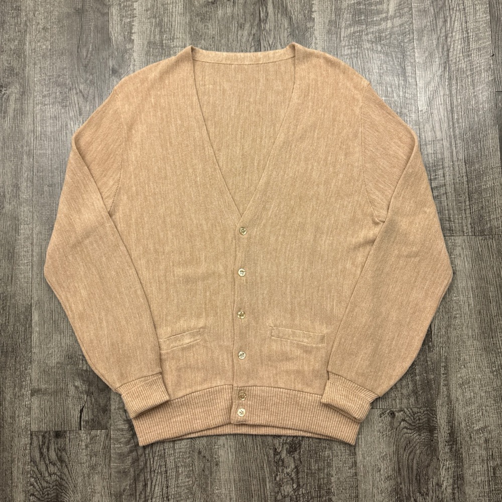 Vintage 80s Tan Grandpa Knit Cardigan Sweater Sz M/ L